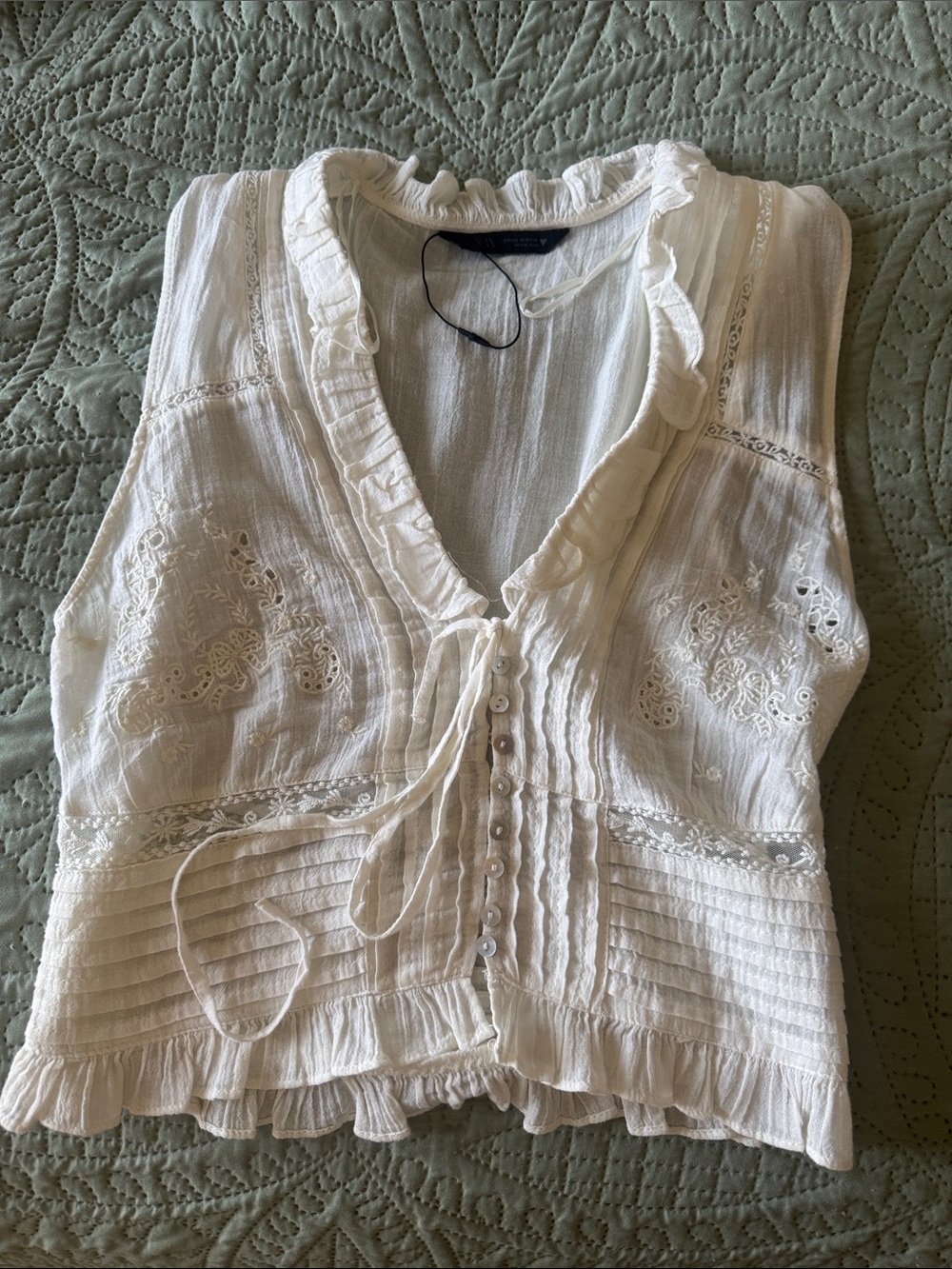 Zara White Sleeveless Ruffle Tie-Front Top - Picture 1 of 4